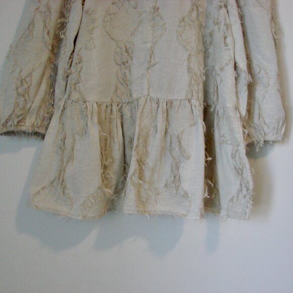 Zara Linen Blend Peplum Top Boho Hippie Fringe Puff Sleeve Natural Beige Small - Picture 15 of 16